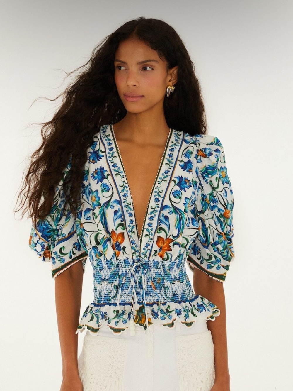 FARM Rio Blue & White Floral V-Neck Smocked Waist Blouse